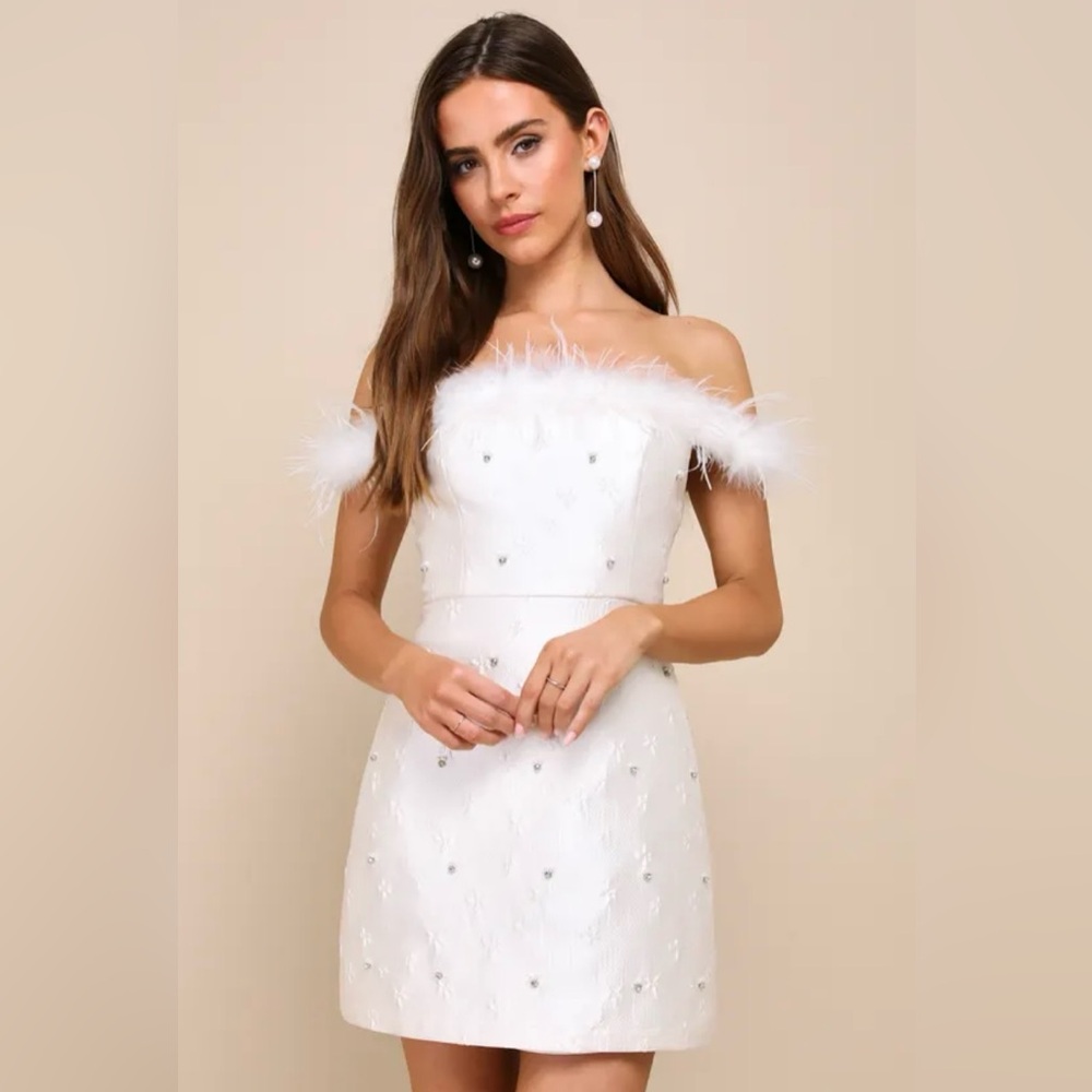 Charming Always Ivory Floral Jacquard Feather Mini Dress